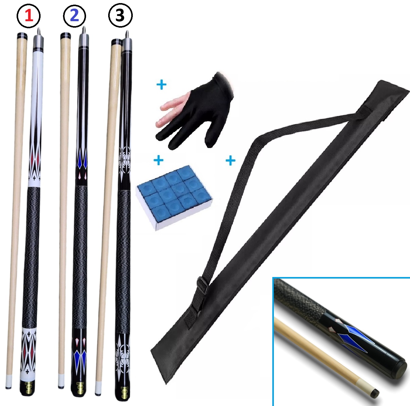 Vista 5 de Combo Taco Billar Estuche Guante Y TIzas - COLOR: Negro con azul